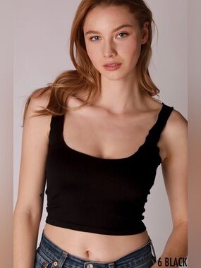 New Black Sweet Lettuce Edge Ribbed Cropped Square Neck